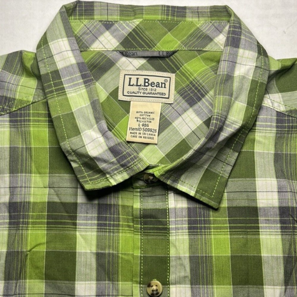 L.L. Bean Mens L Reg Organic Cotton&Recycled Polyester‎ Green Plaid Short Sleeve